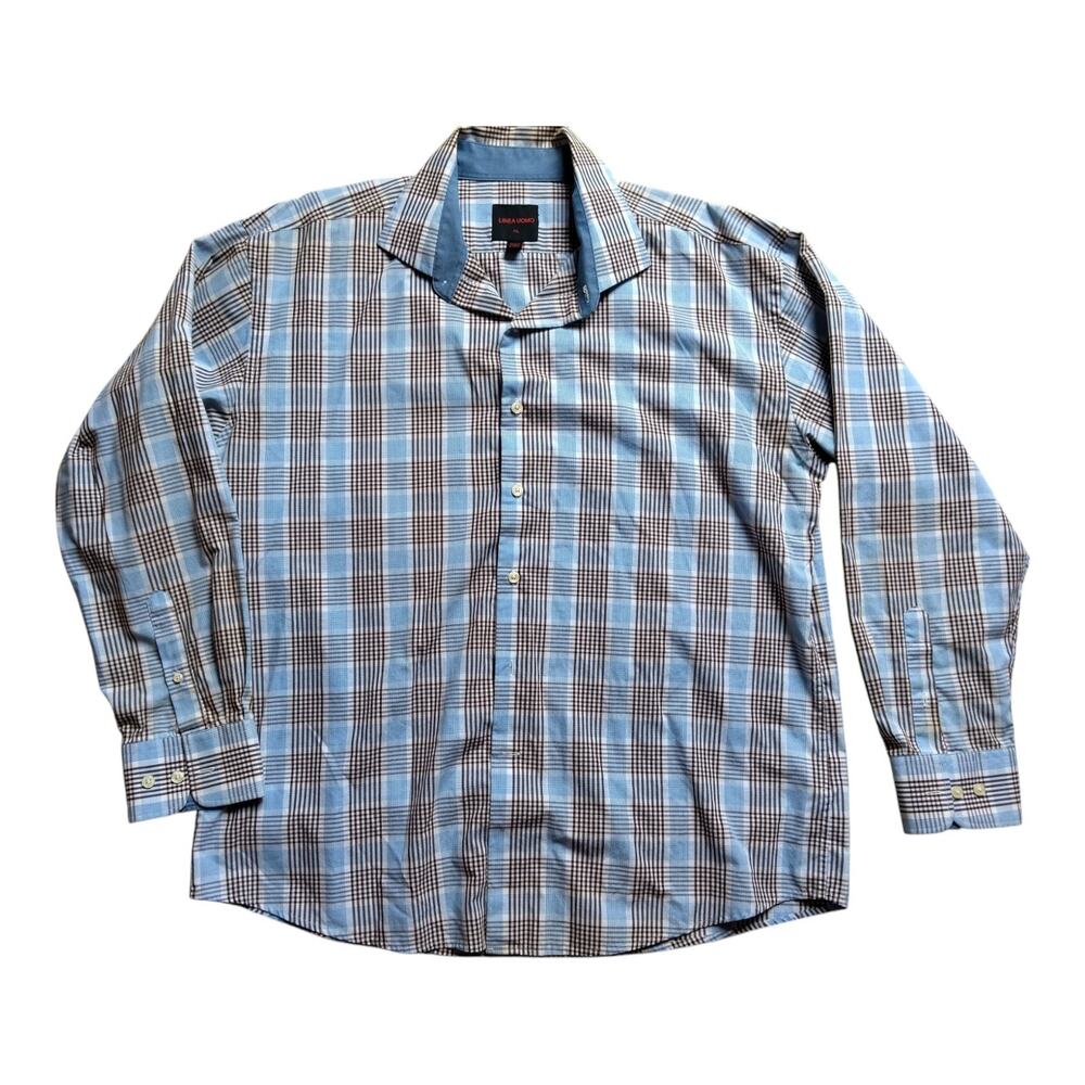 Men's Light Blue, Black Linea Uomo Button Up, XXL, Glen Check, Cotton, Polyester